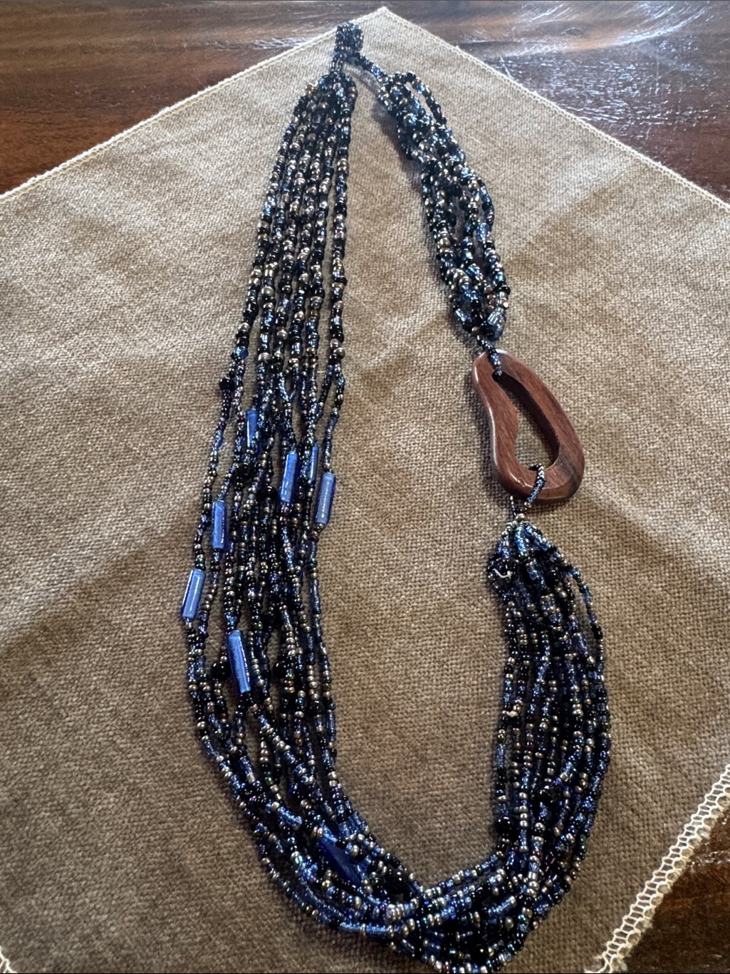 Multi-Strand Navy Blue Beaded Necklace With Wood Accent - Unbranded